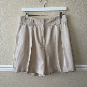 REISS Linen Cotton Lyocell Pleated Chino Shorts Cream Khaki Size 10